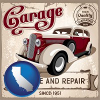 california map icon and an auto service and repairs garage sign