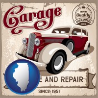 illinois map icon and an auto service and repairs garage sign