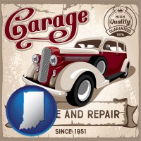 indiana map icon and an auto service and repairs garage sign