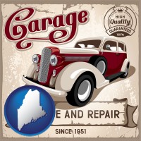 maine map icon and an auto service and repairs garage sign