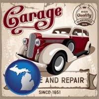 michigan map icon and an auto service and repairs garage sign