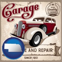 nebraska map icon and an auto service and repairs garage sign