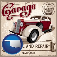 oklahoma map icon and an auto service and repairs garage sign