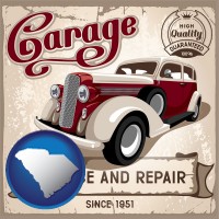 south-carolina map icon and an auto service and repairs garage sign