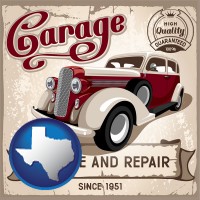 texas map icon and an auto service and repairs garage sign