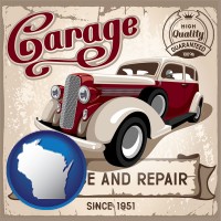 wisconsin map icon and an auto service and repairs garage sign