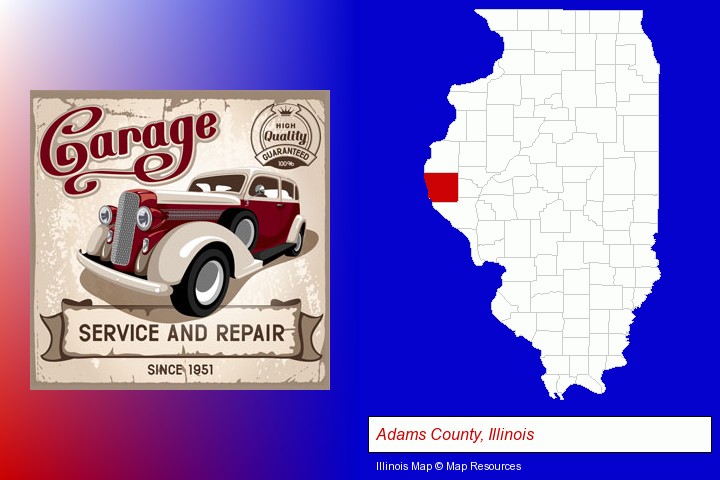 an auto service and repairs garage sign; Adams County, Illinois highlighted in red on a map