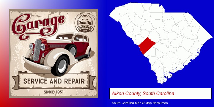 an auto service and repairs garage sign; Aiken County, South Carolina highlighted in red on a map