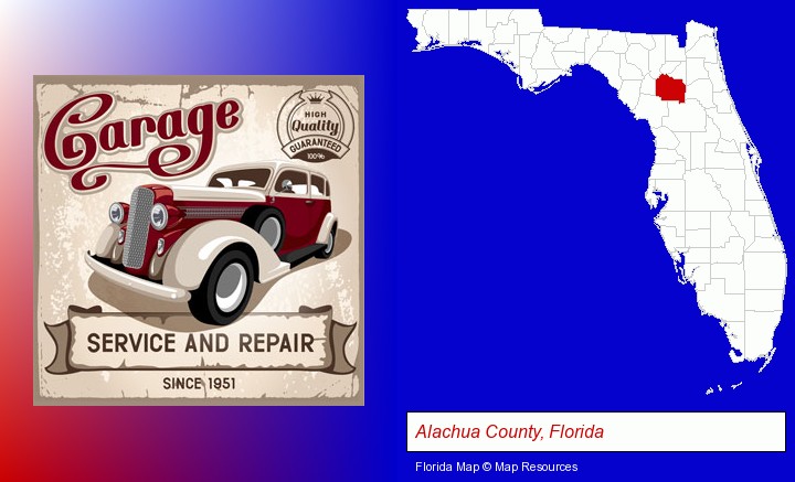 an auto service and repairs garage sign; Alachua County, Florida highlighted in red on a map