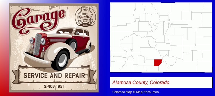 an auto service and repairs garage sign; Alamosa County, Colorado highlighted in red on a map