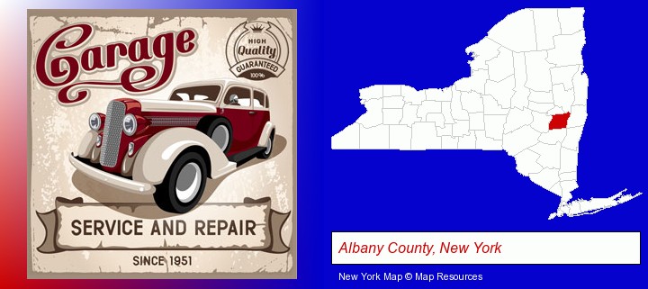 an auto service and repairs garage sign; Albany County, New York highlighted in red on a map
