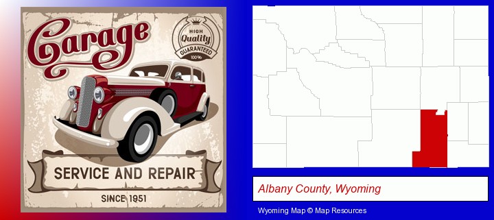 an auto service and repairs garage sign; Albany County, Wyoming highlighted in red on a map