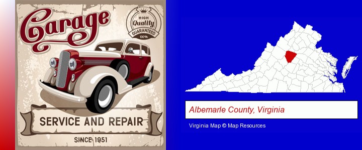 an auto service and repairs garage sign; Albemarle County, Virginia highlighted in red on a map