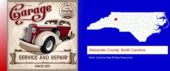 an auto service and repairs garage sign; Alexander County, North Carolina highlighted in red on a map