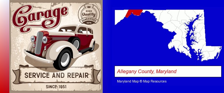 an auto service and repairs garage sign; Allegany County, Maryland highlighted in red on a map