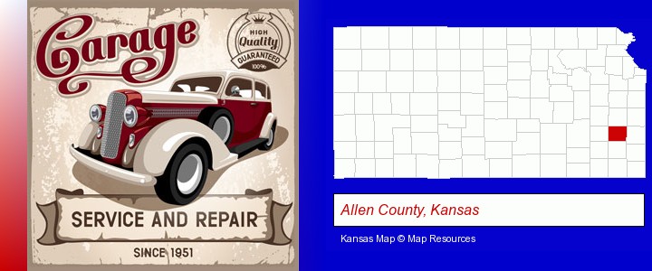 an auto service and repairs garage sign; Allen County, Kansas highlighted in red on a map