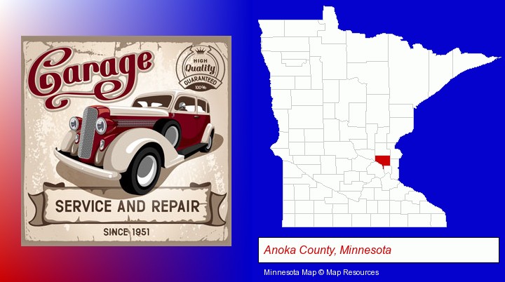an auto service and repairs garage sign; Anoka County, Minnesota highlighted in red on a map