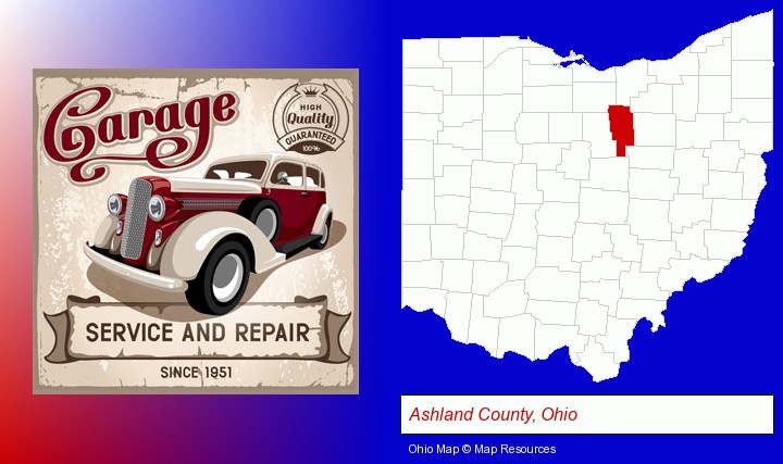 an auto service and repairs garage sign; Ashland County, Ohio highlighted in red on a map