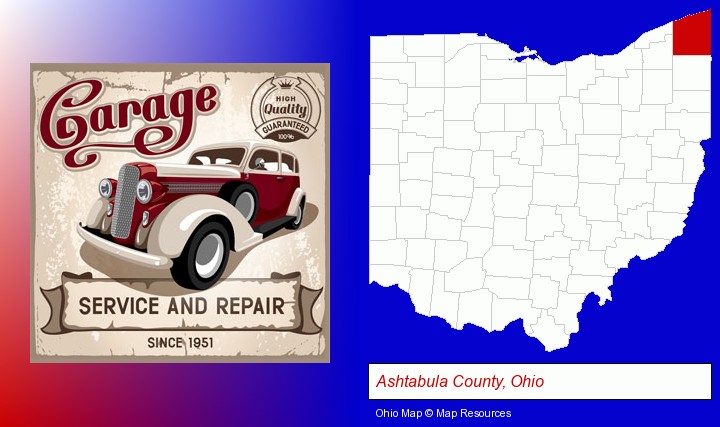 an auto service and repairs garage sign; Ashtabula County, Ohio highlighted in red on a map