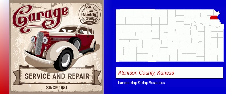 an auto service and repairs garage sign; Atchison County, Kansas highlighted in red on a map