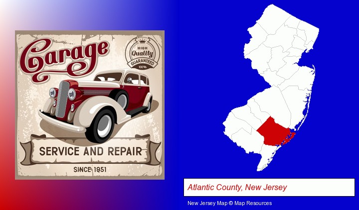 an auto service and repairs garage sign; Atlantic County, New Jersey highlighted in red on a map