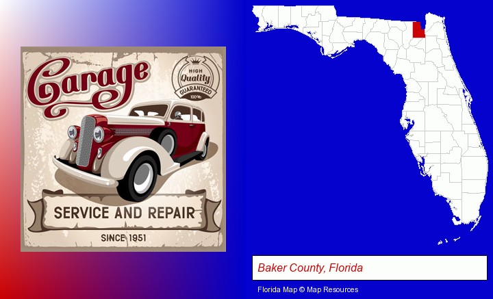 an auto service and repairs garage sign; Baker County, Florida highlighted in red on a map