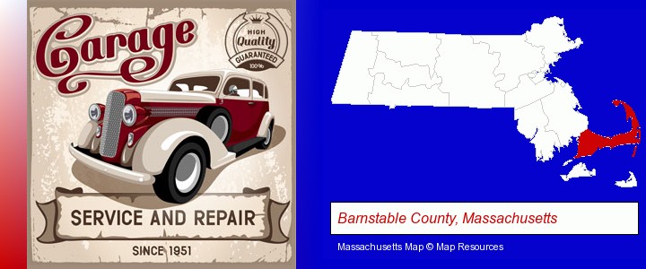 an auto service and repairs garage sign; Barnstable County, Massachusetts highlighted in red on a map