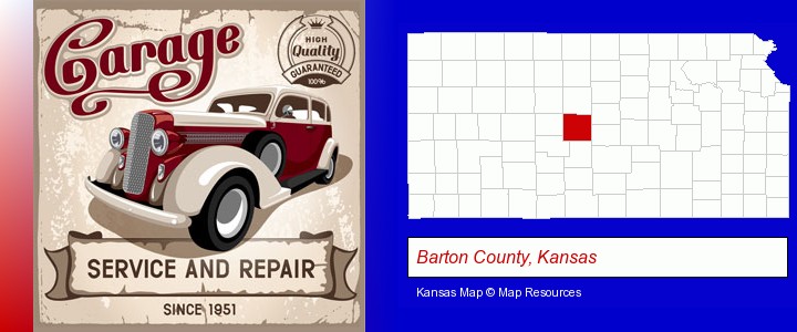 an auto service and repairs garage sign; Barton County, Kansas highlighted in red on a map