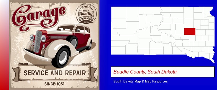 an auto service and repairs garage sign; Beadle County, South Dakota highlighted in red on a map