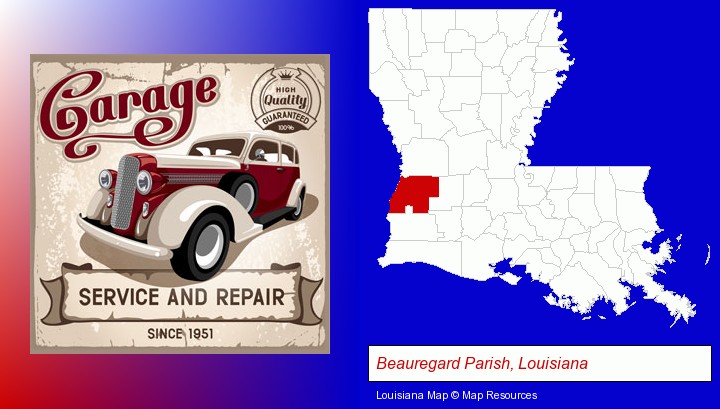 an auto service and repairs garage sign; Beauregard Parish, Louisiana highlighted in red on a map