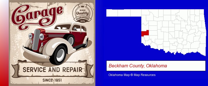 an auto service and repairs garage sign; Beckham County, Oklahoma highlighted in red on a map