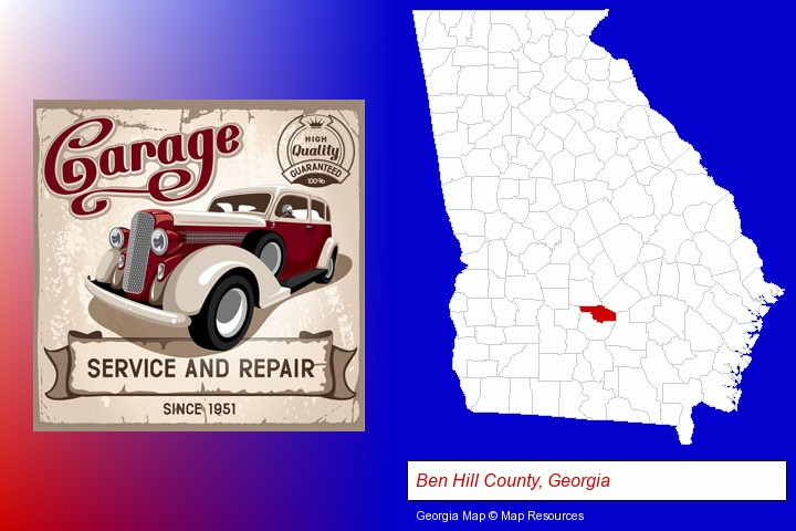 an auto service and repairs garage sign; Ben Hill County, Georgia highlighted in red on a map