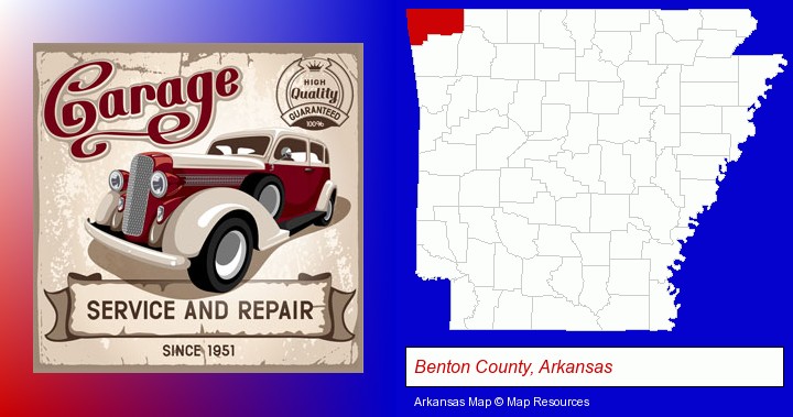 an auto service and repairs garage sign; Benton County, Arkansas highlighted in red on a map