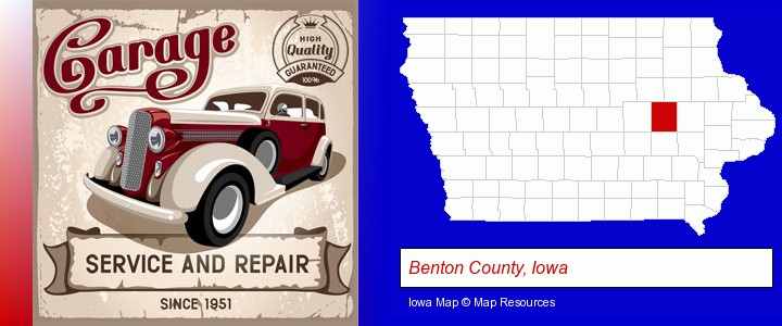 an auto service and repairs garage sign; Benton County, Iowa highlighted in red on a map