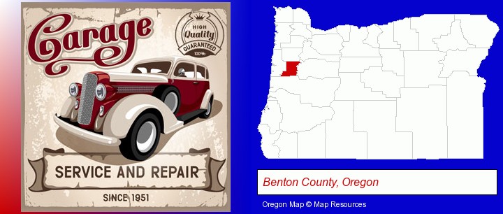 an auto service and repairs garage sign; Benton County, Oregon highlighted in red on a map