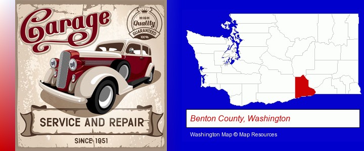 an auto service and repairs garage sign; Benton County, Washington highlighted in red on a map