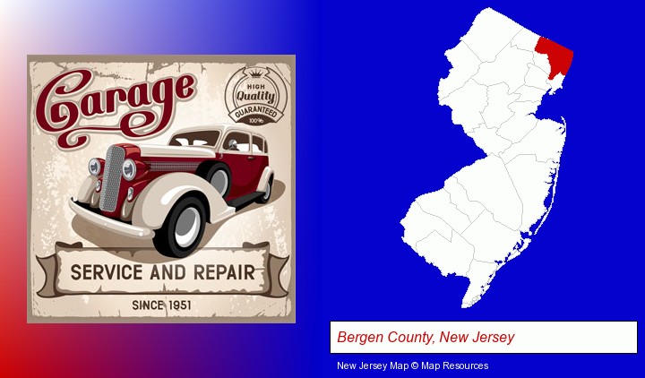 an auto service and repairs garage sign; Bergen County, New Jersey highlighted in red on a map
