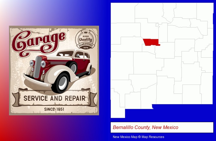 an auto service and repairs garage sign; Bernalillo County, New Mexico highlighted in red on a map