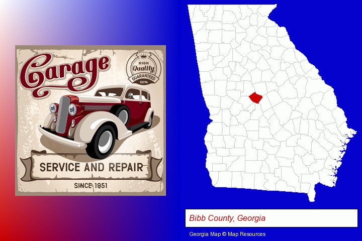 an auto service and repairs garage sign; Bibb County, Georgia highlighted in red on a map