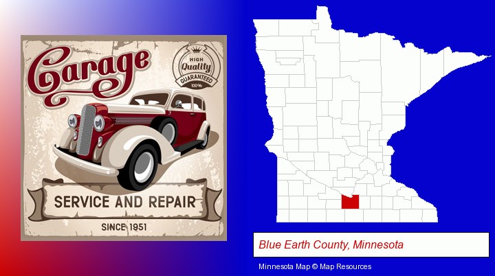 an auto service and repairs garage sign; Blue Earth County, Minnesota highlighted in red on a map