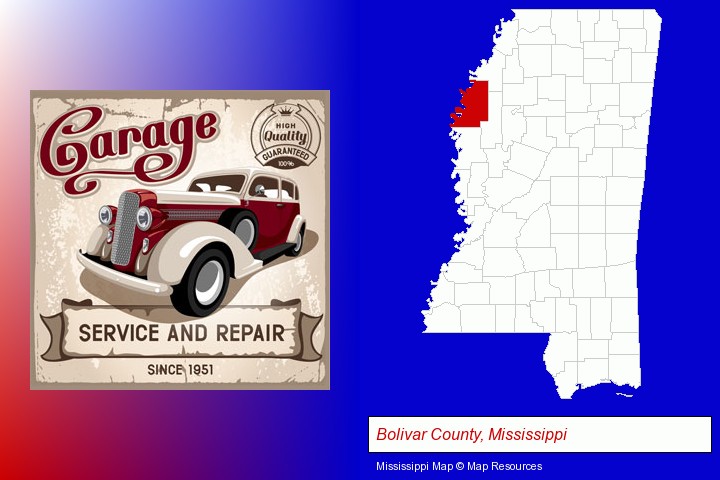 an auto service and repairs garage sign; Bolivar County, Mississippi highlighted in red on a map