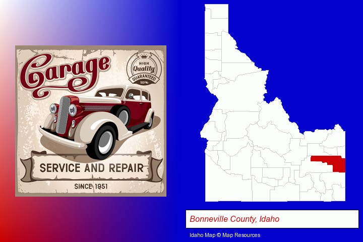 an auto service and repairs garage sign; Bonneville County, Idaho highlighted in red on a map