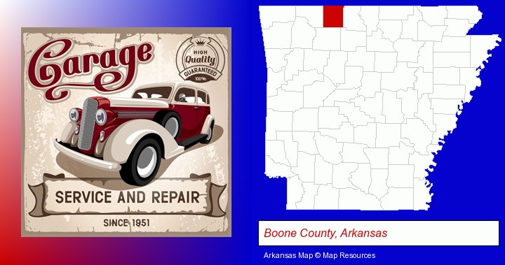 an auto service and repairs garage sign; Boone County, Arkansas highlighted in red on a map