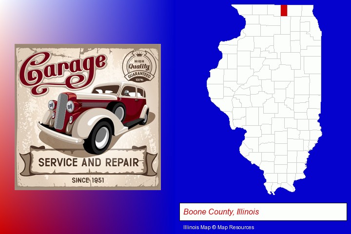 an auto service and repairs garage sign; Boone County, Illinois highlighted in red on a map