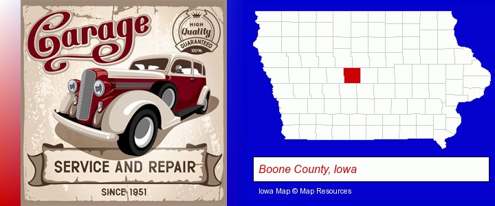 an auto service and repairs garage sign; Boone County, Iowa highlighted in red on a map
