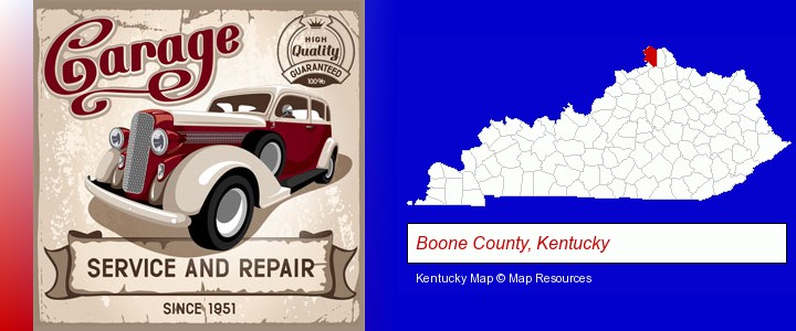 an auto service and repairs garage sign; Boone County, Kentucky highlighted in red on a map
