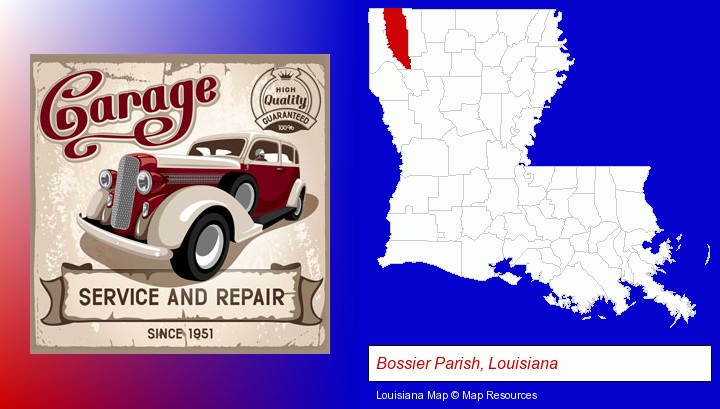 an auto service and repairs garage sign; Bossier Parish, Louisiana highlighted in red on a map