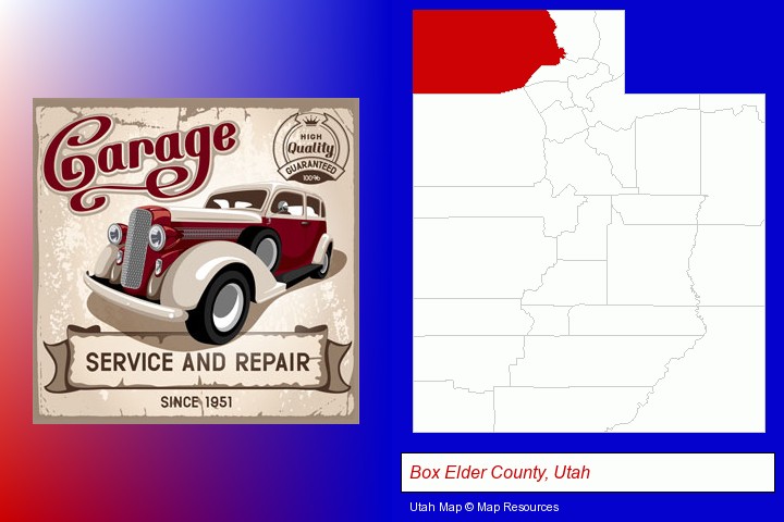 an auto service and repairs garage sign; Box Elder County, Utah highlighted in red on a map