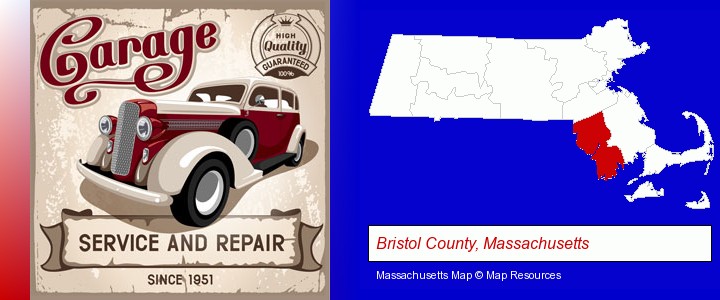 an auto service and repairs garage sign; Bristol County, Massachusetts highlighted in red on a map