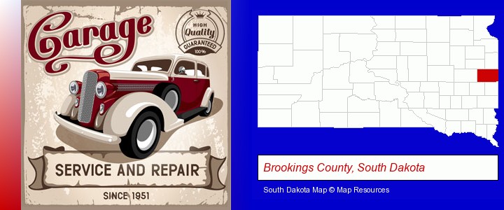 an auto service and repairs garage sign; Brookings County, South Dakota highlighted in red on a map